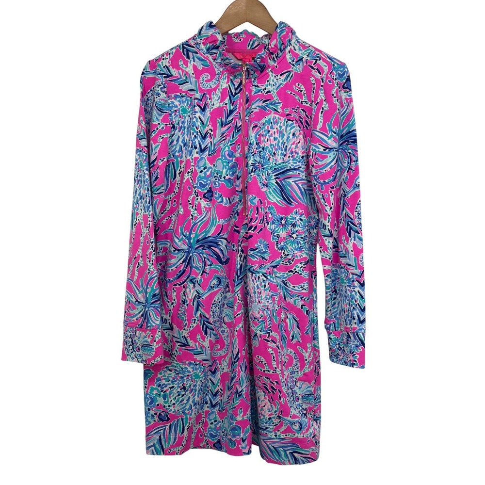 Lilly Pulitzer Skipper Popover Half Zip Dress L Pink Blue Sea Print Resort Beach